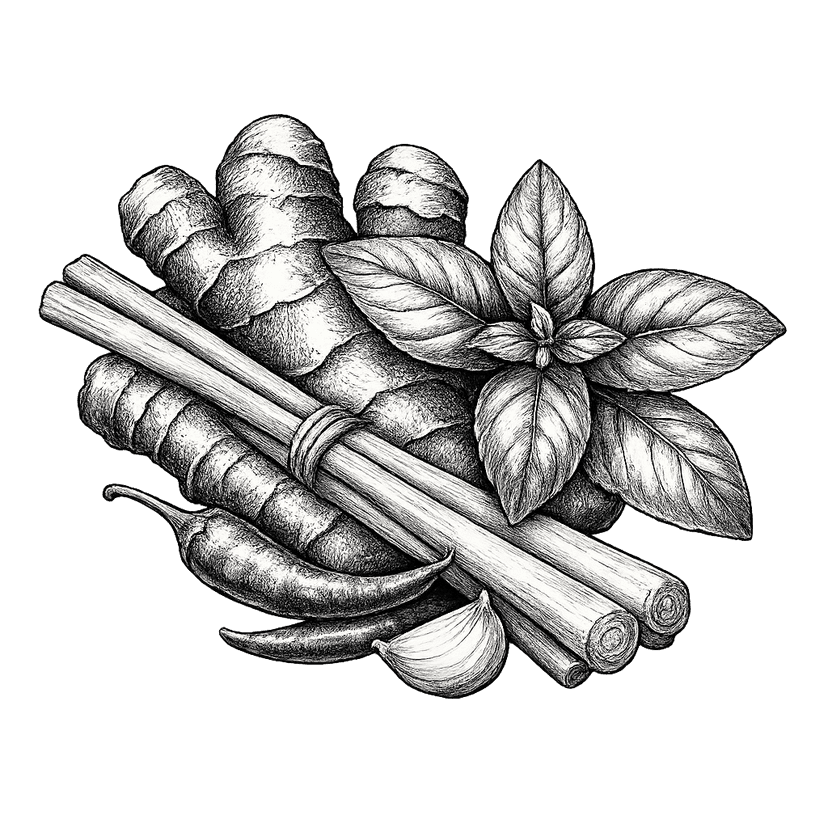Thai Ginger logo — ginger, Thai basil, lemongrass, and chilies